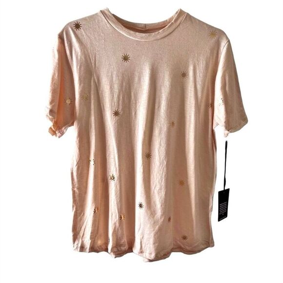 Michael Lauren Lansing Short Sleeve Boyfriend Tee Foil Mini Suns Peach Sz L NWT - Picture 2 of 15